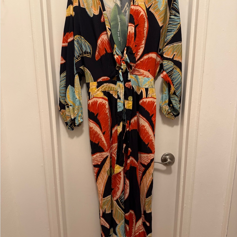 Farm Rio Floral Print Jumpsuit with Tie Front